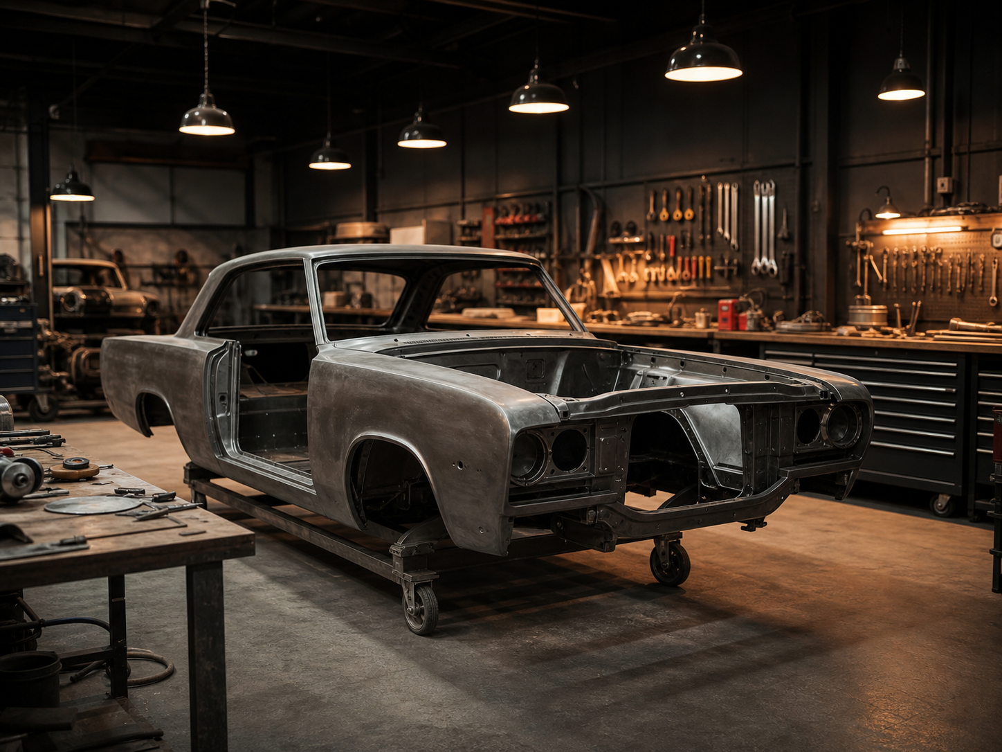 Classic vehicle restoration workshop interior